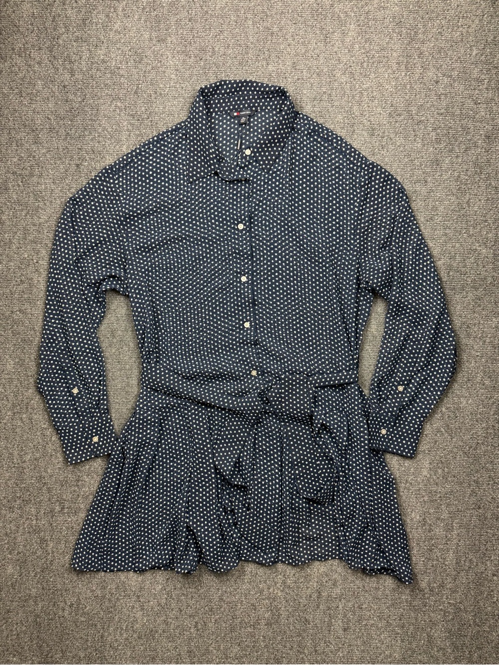 TOMMY HILFIGER Navy Blue/ White Polka Dot Shirt Dress Size XL Long Sleeve Belted